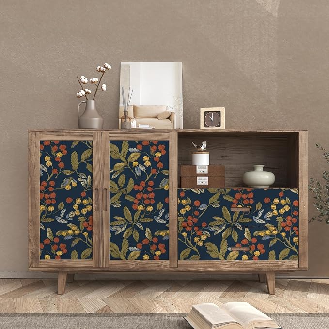 Navy Floral Leaf Vintage Green Wallpaper Peel and Stick 17.5"x118" | Self Adhesive/Removable/Waterproof/Thick Vinyl Contact Paper for Bathroom Bedroom Shelf Cabinet Drawer,Prepasted,Easy Peel