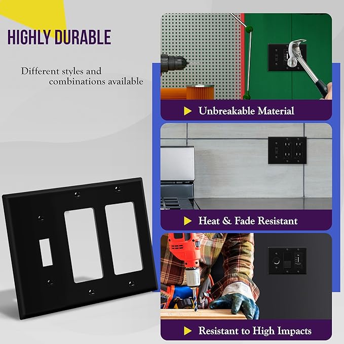 ENERLITES Combination Toggle Light Switch/Decorator Light Switch Plate, Three Gang Wall Plate, Standard Size 3-Gang 4.50" x 6.38", Polycarbonate Thermoplastic, 881132-BK, Black