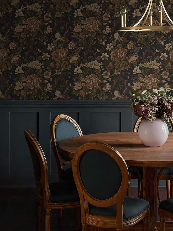 Dimoon Vintage Peel and Stick Wallpaper Dark Blue Floral Contact Paper 16.1"x591" Retro Victorian Dark Academia Wallpaper for Bedroom Moody Cottage Core Wall Paper Removable Waterproof Vinyl Roll