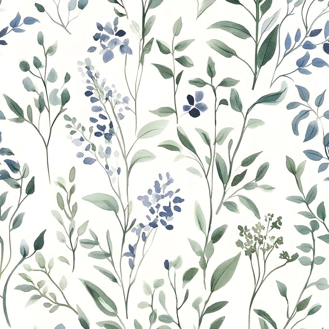 ILHIIOR Blue Leaf Wallpaper Boho Peel and Stick Wallpaper Green Leaf Vintage Contact Paper White Floral Wall Paper Removable Wallpapers Self Adhesive for Cabinet Drawers Wall Decor 17.5''x787''