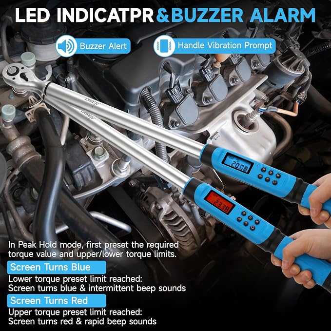 DISEN 1/2" Digital Torque Wrench 17-340Nm 4 Mode Alert 5 Unit ±2% Accuracy | Chrome vanadium steel | Adjustable torque limits | LED display | Buzzer notification | For automotive motorcycle bike