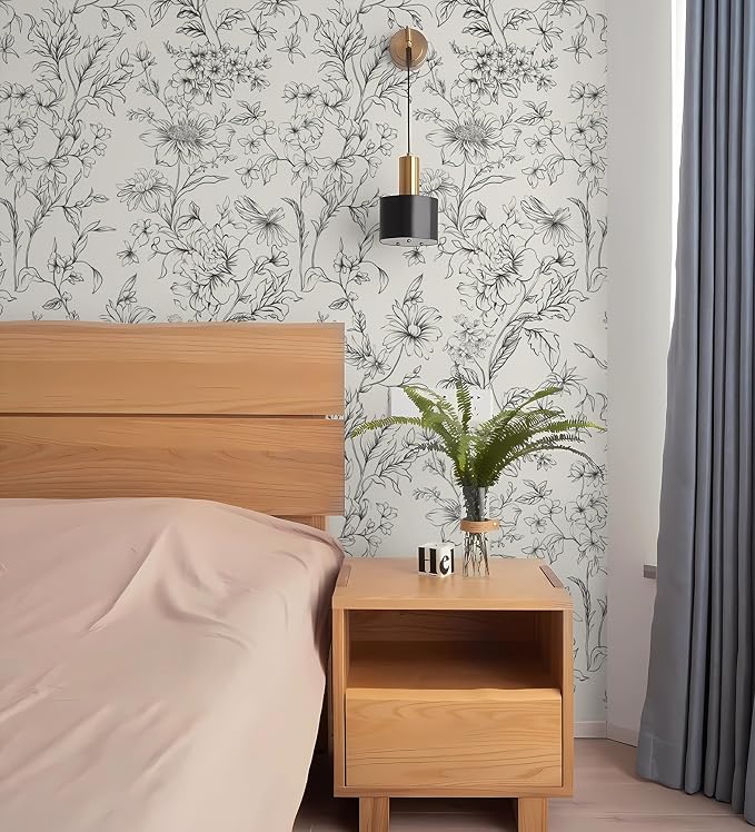 Hopepak 17.3''x197'' Floral Peel and Stick Wallpaper Black and Cream White Contact Paper Self Adhesive Removable Wall Paper for Bedroom Bathroom Cabinet