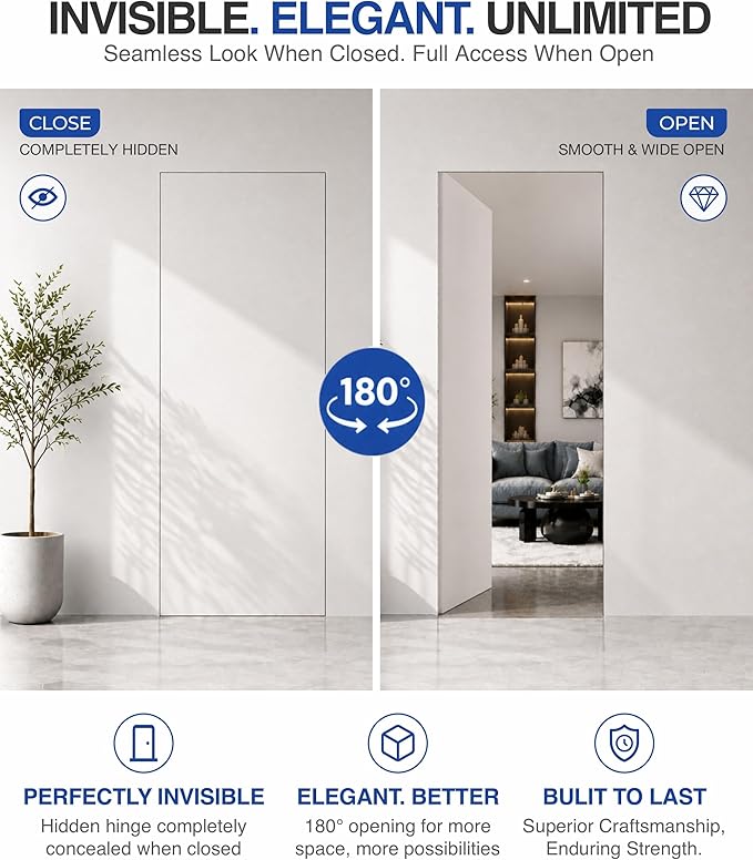 Onedaful 2 Kits 6 inch Stainless Steel Hidden Door Hinges Invisible Hinges for Door, 180 Degree Swing Concealed Hinges, 3 Way Adjustable & Heavy Duty for Secret Door (Load-Bearing Up to 170lbs)