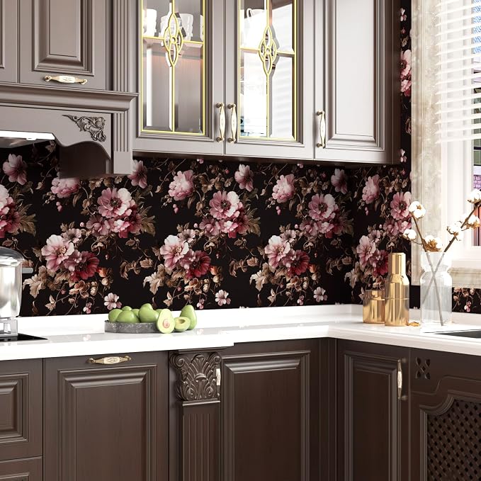 Dark Floral Brown Wallpaper Peel and Stick17.5 × 393", Black Pink | Self Adhesive/Removable/Waterproof/Thick Vinyl Contact Paper for Bathroom Bedroom Shelf Cabinet Drawer,Prepasted,Easy Peel