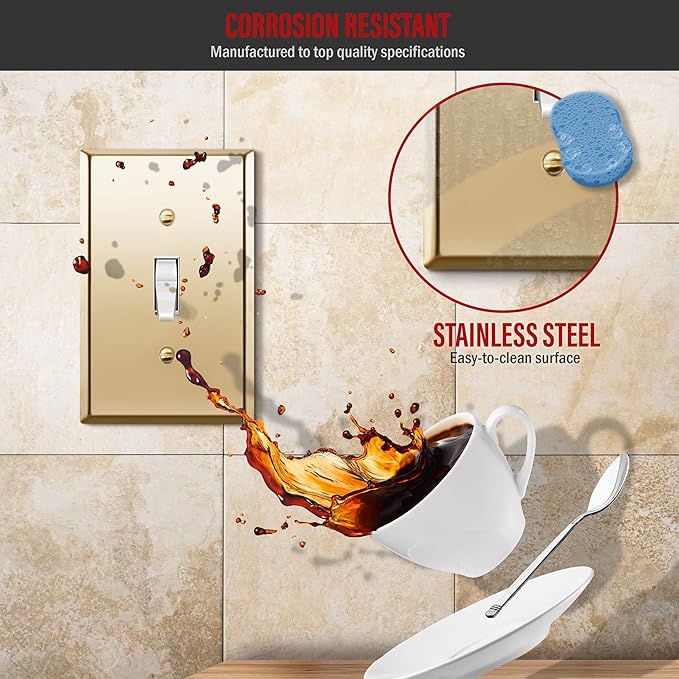 ENERLITES Toggle Light Switch Metal Wall Plate, Stainless Steel Switch Cover, Corrosion Resistant, Mid-Size 1-Gang 4.88" x 3.11", Stainless Steel 201, 7711M-PB, Polished Brass
