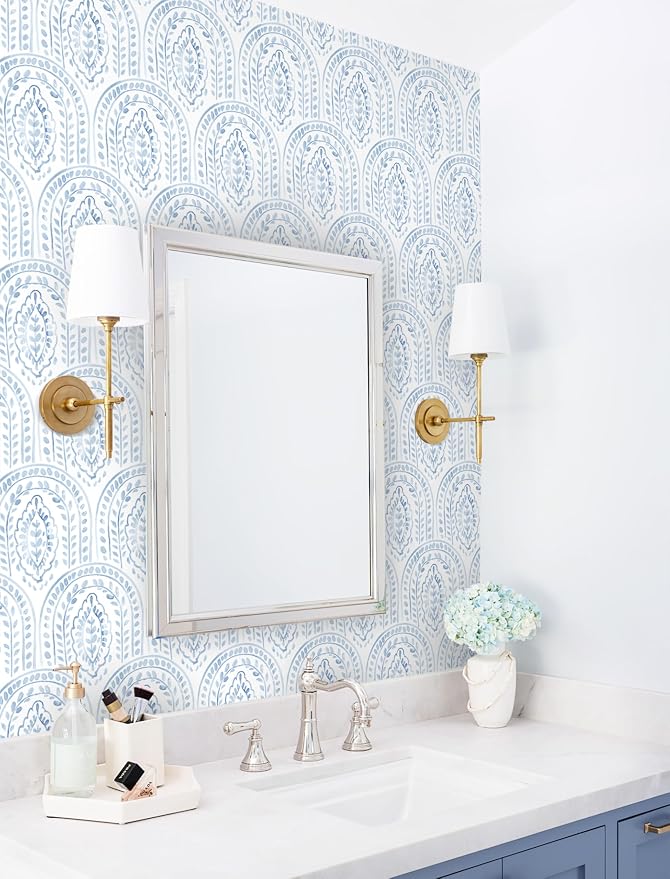 EeeComing Blue Peel and Stick Wallpaper Boho Wall Paper Peel and Stick Modern Contact Paper Self Adhesive Wallpaper for Bedroom and Bathroom Removable Cabinet Shelf Liner Vinyl 17.3”X393”