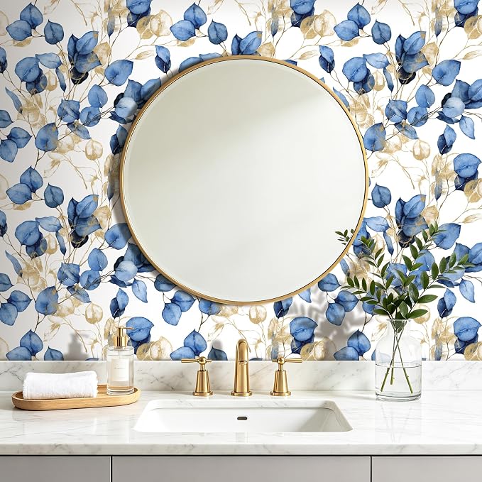 Livelynine Botanical Wallpaper Peel Stick Blue White Contact Paper 17.5x276 | botanical wallpaper navy blue gold and white watercolor eucalyptus leaf self adhesive contact paper decorative 17.5x78.8"