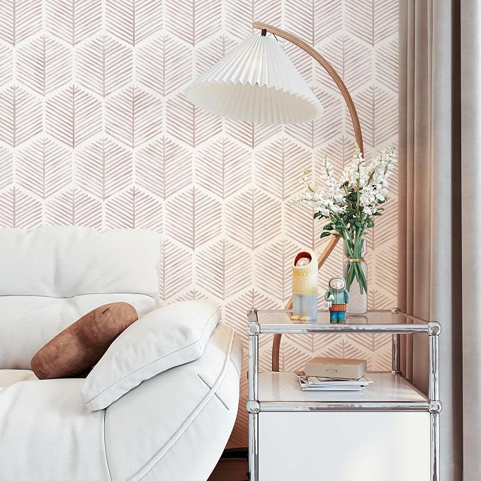 MelunMer Modern Peel and Stick Wallpaper Boho Contact Paper 17.3''×276'' | Pink and White Self Adhesive Removable Wallpaper for Bedroom/Bathroom Waterproof Geometric Contact Paper for Cabinets, Drawer
