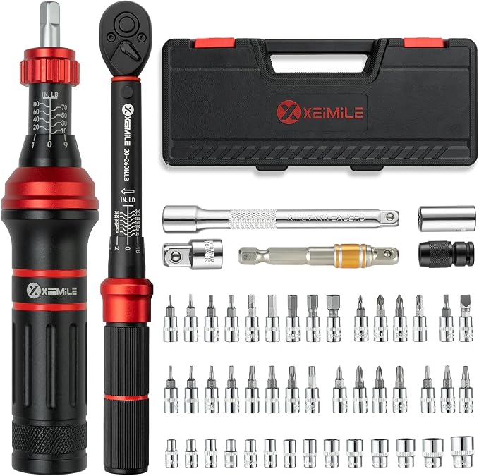 52Pcs 1/4" Drive Small Torque Wrench &Screwdriver Set 20-260In.Lb | 1/4 Torque Wrench (2.3-29.4Nm),10-80 Inch Pound Torque Screwdriver,72T Dual Range,with Bits Sockets for DIY Bike Gunsmithing