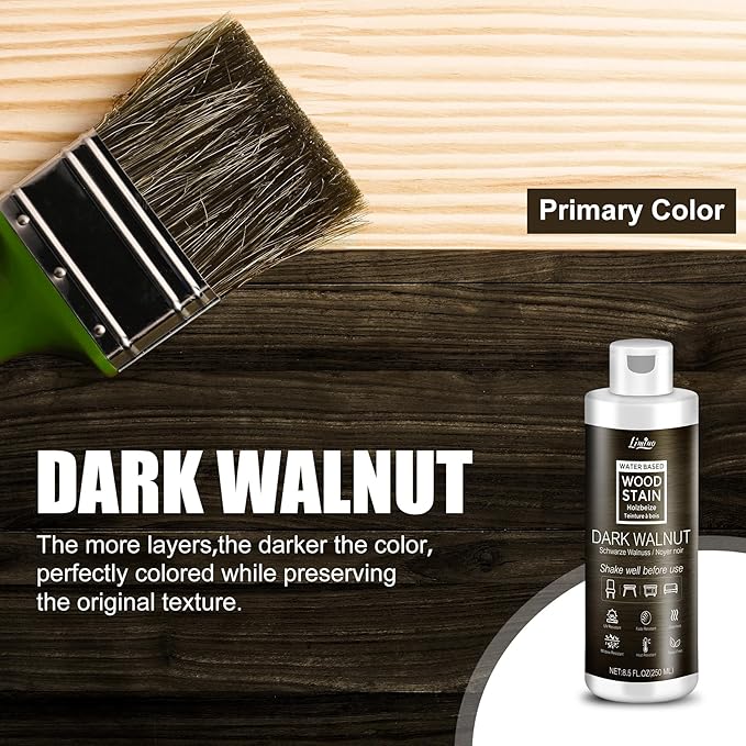 Water Based Wood Stain - Dark Walnut | Wood Varnish for Indoor ＆ Outdoor Furniture, Wardrobe, Cabinets, Doors, Low Odor ＆ Non-Toxic, Fast Drying, Multiple Classical Finishes - 8.5fl.oz / 250ml