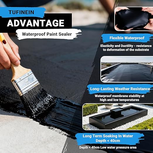 Rubber Liquid Waterproof Sealant, TUFINEIN 53oz/1.5kg Black Quick Drying Multi Surface Foundation Leak Repair - Roof Gutters Basement Sealer Waterproof - Indoor & Outdoor Flexible Rubber Paint