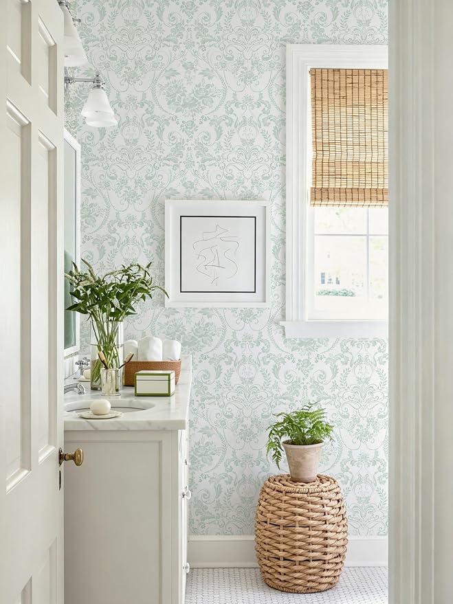 Ismoon Peel and Stick Wallpaper Green Contact Paper 17.3in x 32.8ft Vintage Floral Wallpaper Boho Damask Removable Textured Wall Paper for Bedroom Bathroom Shelf Cabinet Décor