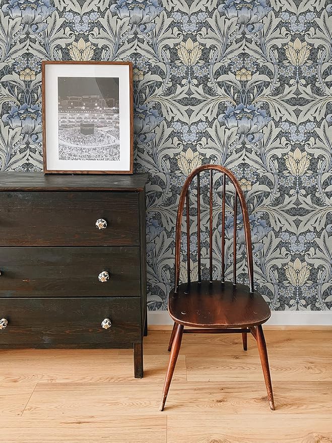 NextWall Acanthus Floral Peel and Stick Wallpaper (Charcoal & Carolina Blue)