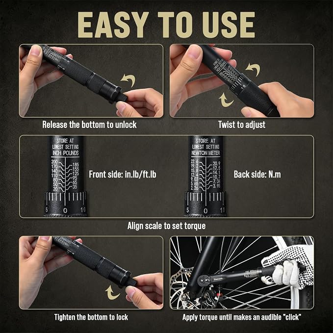 1/4 Torque Wrench 20-200 in-lb, Inch Pound Click Torque Wrench | Reinforced Steel Gears, Quick-Release Head, Non-Blurry Laser Markings, 98% Efficiency Patent, Pro Cr-V for Bike & Gunsmithing