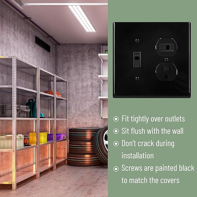 Bates- 2-Gang Combination Wall Plate, 4.88"x 4.96"/Mid-Size, Black, Toggle Light Switch/Duplex Receptacle Outlet, 2 Gang Wall Plate for Electrical Outlets, Double Outlet Cover Plate