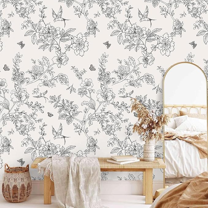 Froluya Black and Cream White Floral Wallpaper Peel and Stick Wallpaper 17.7in×118.1in Vintage Floral Contact Paper Flowers Birds Removable Self Adhesive Decorative Wall Paper for Bathroom Cabinets