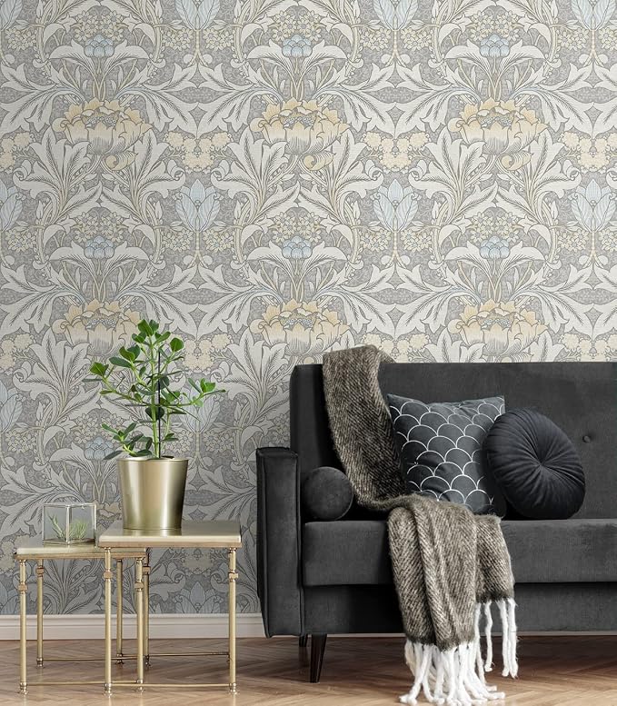 NextWall Acanthus Floral Peel and Stick Wallpaper (Daydream Grey & Pearl Blue)