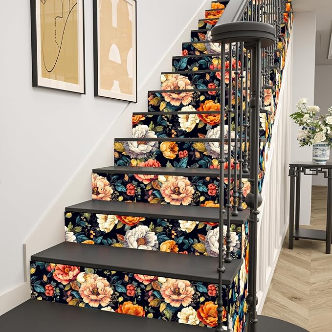 BOKEBEVE Floral Wallpaper Peel and Stick Boho Colorful Black 17.5 x 393.5In | Extra Long Removable Renter Friendly Vintage Floral Wall Paper for Bedroom Bathroom Cabinet Drawer Feature Accent Wall