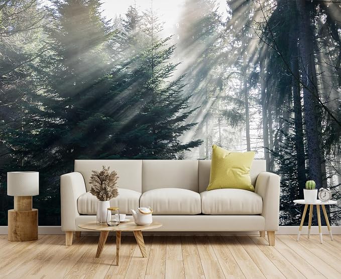 Toolhom Forest in the Fog wall Mural, Forest wall Sticker Wallpaper, Non-self-Adhesive wall Decorations（Non-self-Adhesive）
