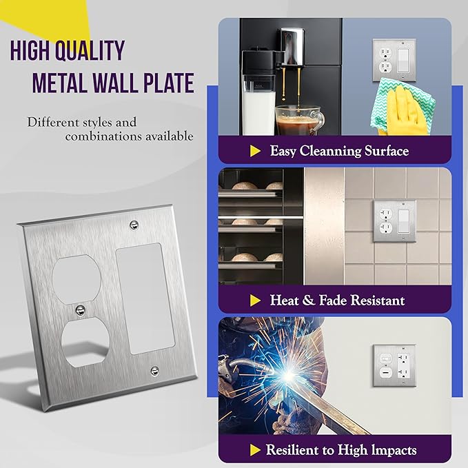 ENERLITES Combination Duplex Receptacle Outlet or Decorator Light Switch Metal Wall Plate, Corrosive Resistant, Size 2-Gang 4.50" x 4.57", 772131, 430 Stainless Steel, UL Listed, Silver