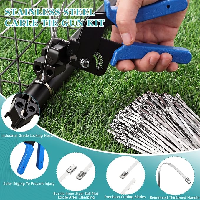 LEIFIDE 500 Pcs Metal Zip Ties Gun Kit, 11.8 Inch 304 Stainless Steel Metal Zip Cable Ties, Heavy Duty Self Locking 220 Pound Tensile Strength Cable for Exhaust Wrapping Fence Outdoor Workshop(Blue)