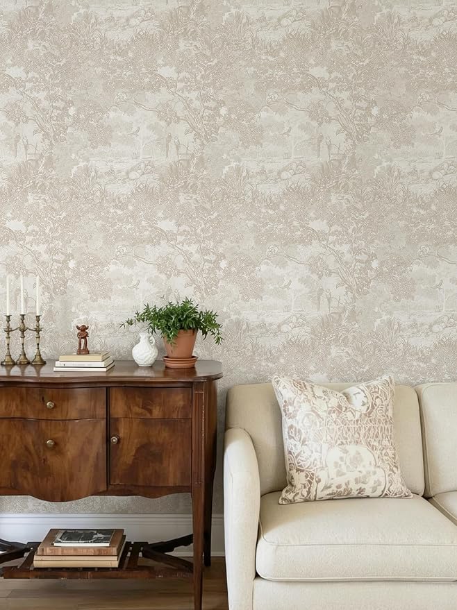 Heroad Peel and Stick Wallpaper Oatmeal Cream Vintage Forest Animals Floral Wallpaper Removable Self-Adhesive Contact Paper for Bedroom Living Room Cabinets Decoration Thicken Vinyl 17.3”x197”