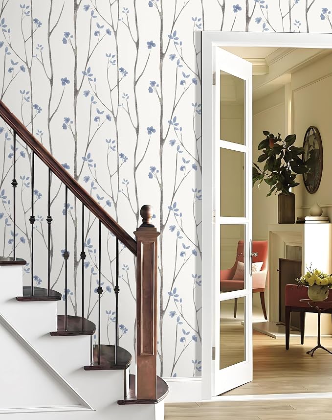 Timeet 16.1" x 197" Leaf Wallpaper Peel and Stick White and Purple Wallpaper Boho Self Adhesive Removable Vinyl Contact Paper for Bedroom Living Room Decor