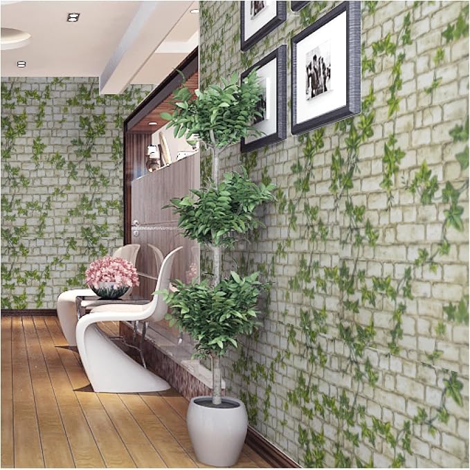 Green Leaves Brick Wallpaper Peel and Stick Realistic Distressed Textured Waterproof Self Adhesive Contact Paper Vintage Removable Vinyl Wall Paper Faux Brick Look Wall Covering 23.6"x393"