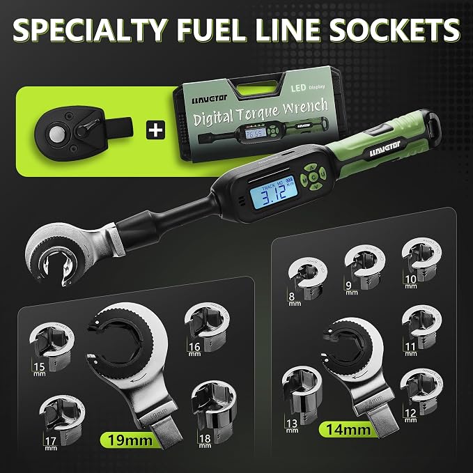 Ratcheting Flare Nut Wrench,Digital Torque Wrench,3/8" Drive 1-135Nm, 16PCS Flare Nut Wrench Torque Set, Crowfoot Torque Wrench Kit for for Nuts on Fuel & AC Repair