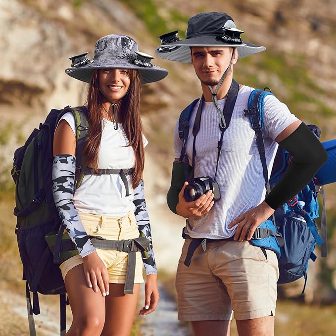 Glitopper 2 Set Wide Brim Solar Fan Hats with 2 Solar Fan and Arm Sleeves Set Outdoor Fishing Bucket Hat for Men Women Hiking