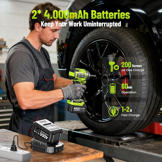 Cordless Impact Wrench, 590Ft-lbs (800N.m) Brushless 1/2 inch, 2800RPM High Torque Impact Gun, 2x 4.0Ah Battery, Charger, 4 Sockets, Electric Impact Wrench for Car Home