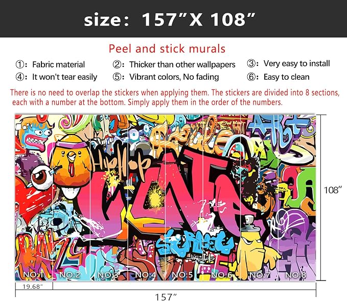 YIHWM-Peel and Stick Colorful Graffiti Wallpaper Pink Street Art wall Mural | Tear-resistant,with a substantial feel;Will not be damaged during repositioning.Boy's Room,kids room wallpaper.XL-157"x108"