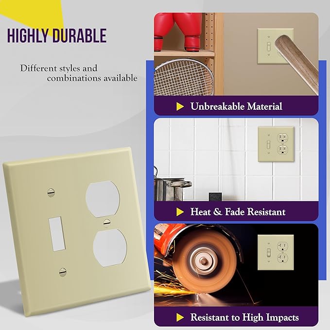 ENERLITES Combination Toggle Light Switch/Duplex Receptacle Outlet Wall Plate Cover, Standard Size 2-Gang 4.50" x 4.57", Polycarbonate Thermoplastic, UL Listed, 881121-I, Ivory