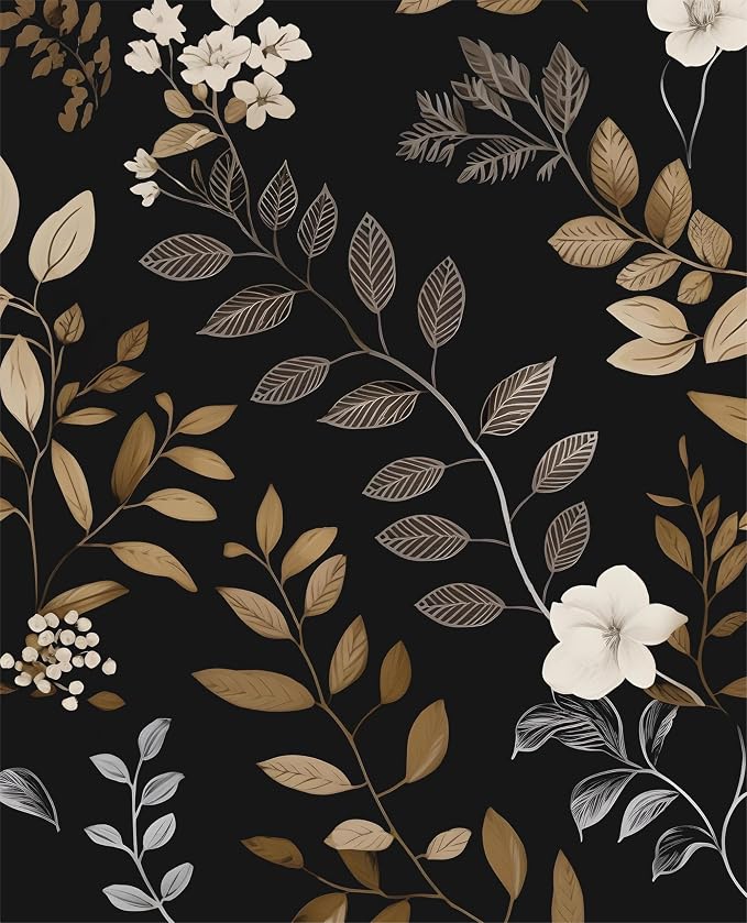 Floral Leaf Vintage Wallpaper Peel and Stick 17.5"x393", Black Gold | Self Adhesive/Removable/Waterproof/Thick Vinyl Contact Paper for Bathroom Bedroom Shelf Cabinet Drawer,Prepasted,Easy Peel