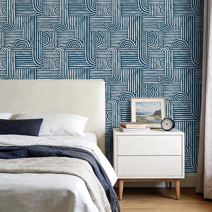 Livelynine Blue Peel and Stick Wallpaper Geometric Modern Abstract Dark Blue and White Vinyl Removable Navy Accent Wallpaper Mid Century Geometric Contact Paper for Drawers Cabinet Bathroom 17.5x78.8