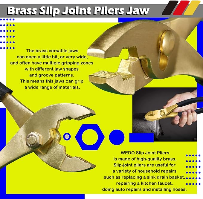 WEDO 4-Piece Brass Pliers Set With Non-Slip Handle: 8" Long Nose, 8" Snipe Nose, 6" Slip Joint, 10" Groove Joint