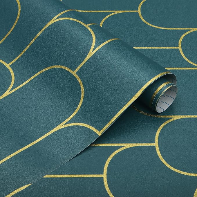 Yasinet Peel and Stick Wallpaper Green and Gold Wallpaper Dark Green Contact Paper Modern Geometric Removable Self Adhesive Wall Paper for Bedroom/Cabinet Waterproof for Bathroom Vinyl 17.3''x118''