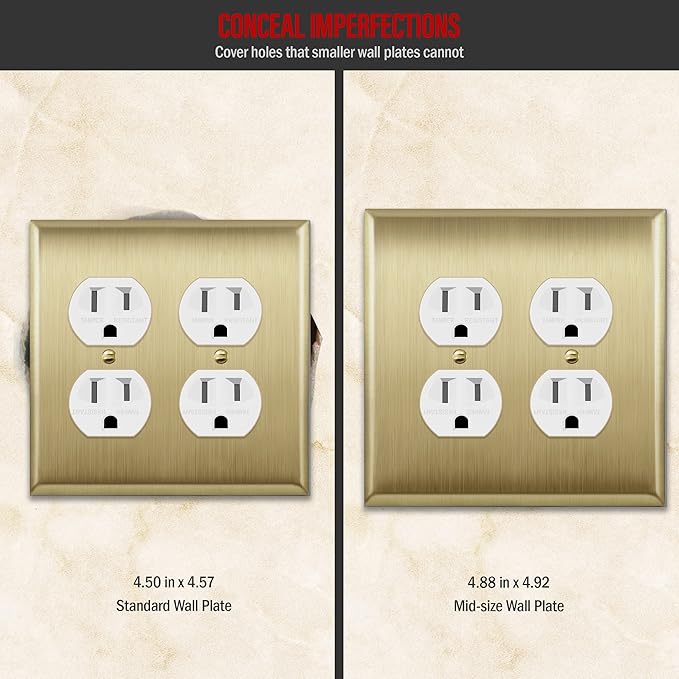 ENERLITES Dual Duplex Receptacle Metal Wall Plate, Stainless Steel Outlet Cover, Corrosion Resistant, Mid-Size 2-Gang 4.88" x 4.92", Stainless Steel 201, 7722M-BB, Brushed Brass