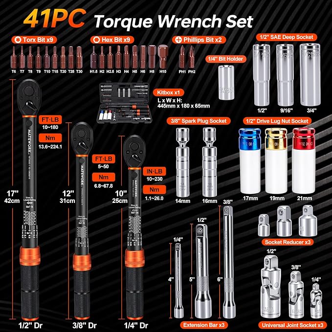 41PCS Torque Wrench Set 1/4 3/8 1/2-Inch Drive, Complete Click Torque Wrench Kit with Sockets, Bits, Extension Bars & Adapters, ±3% Accuracy 72-Tooth Dual-Scale Wrenches for Bike, Moto, Car, Truck
