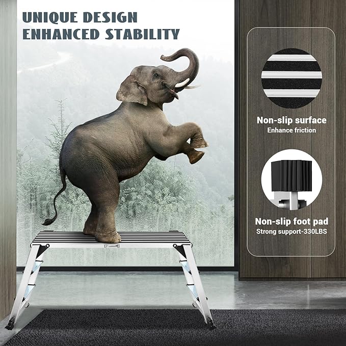 Work Platform Two Step Ladder, 50"×12"×27" Aluminum Platform, Heavy Duty Folding Work Bench Non-Slip 330 lbs Load Capacity for Washing Vehicles, Cleaning, Painting