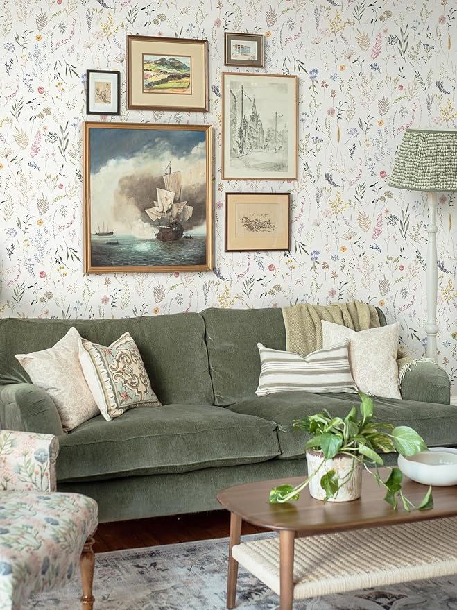 Dimoon 393"x16.1" Floral Peel and Stick Wallpaper Beige Contact Paper Thicken Wallpaper Delicate Flower Waterproof Green Leaf White Self Adhesive Removable Wall Paper Shelf Liner Decal Vinyl Roll
