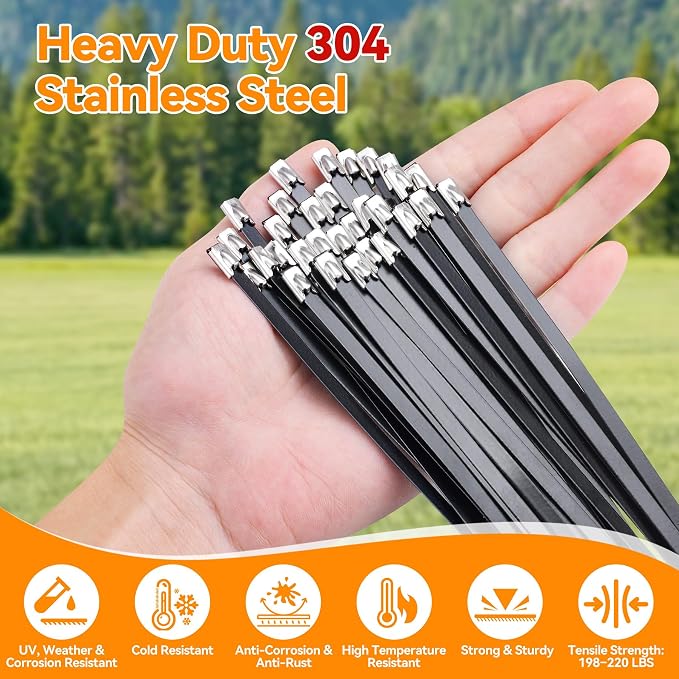 Heavy Duty Metal Zip Ties 100 Pack - 11.8 Inch 304 Stainless Steel Black Cable Ties with 200 LBS Tensile Strength, Multi-Purpose Wire Ties for Exhaust Wrap, Fence, Canopy, Pipes, Outdoor Use