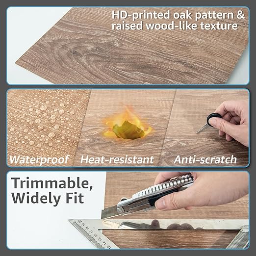 Art3d Peel and Stick Vinyl Floor Tiles 10-Pack 12 x 12 inch, Self Adhesive Waterproof Flooring Wood Planks for Kitchen, Dining Room, Bedrooms, Cover 10 Sq. Ft, Light Brown Ash
