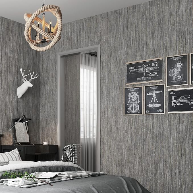 Haimin Grasscloth Wallpaper Textured 24in X 393in Fabric Contact Paper Brown Wall Paper Textured Linen Wallpaper Peel and Stick Self-Adhesive Thick Vinyl Embossed Film Wallpaper (Gray Brown)