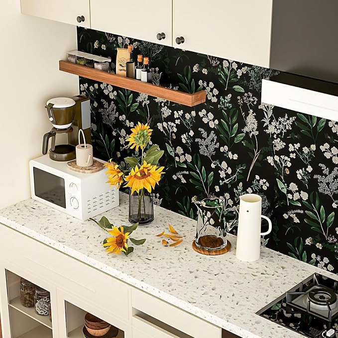 Vintage Dark Green Floral Leaf Peel and Stick Wallpaper 17.5"x787" | Self Adhesive/Removable/Waterproof/Thick Vinyl Extra Long Contact Paper for Bathroom Bedroom Shelf Cabinet Drawer,Prepasted