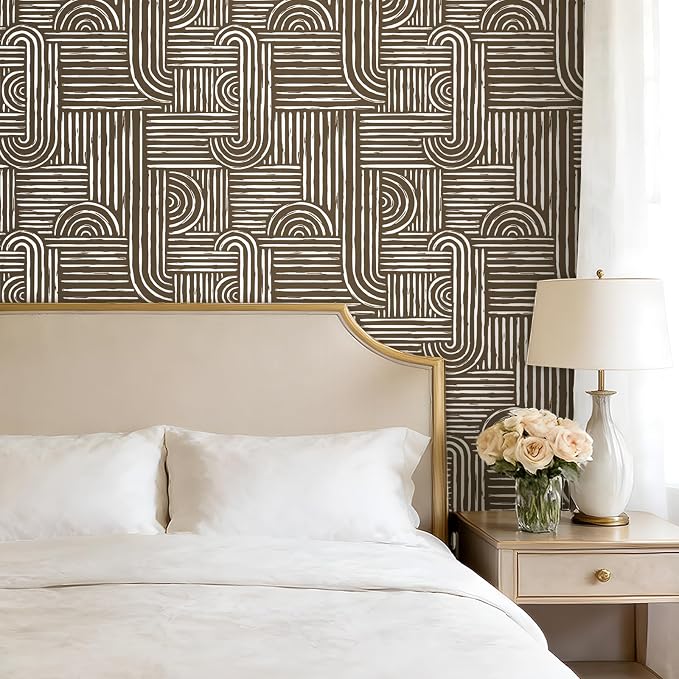 Livelynine Brown Geometric Wallpaper Peel and Stick Bold Abstract Wallpaper Living Room Accent Wall Paper Removable Minimalist Mid Century Modern Contact Paper for Cabinets Self Adhesive 17.5x78.8