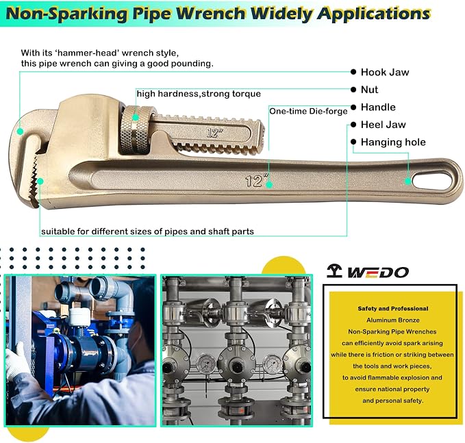 WEDO Non-Sparking Pipe Wrench Set, 8" 10" 14" 18",4PCS Spark-Free Straight Plumbing Wrench Set, No Spark Safety Adjustable Spanner, Aluminum Bronze,Corrosion Resistant,DIN/BAM/FM Standard