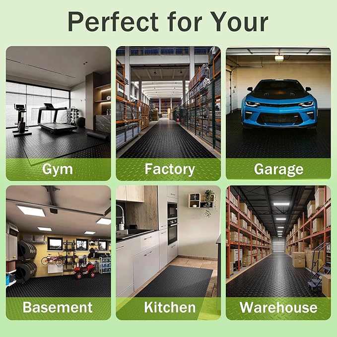 10x25 FT Black Garage Floor Mat, 2.8mm Thickened Flooring Roll for Under Car Diamond Plate PVC Rubber Mat with 20 Pcs Tapes, Non-Slip Floor Mat for Garage, Warehouse, Gyms, Trailer