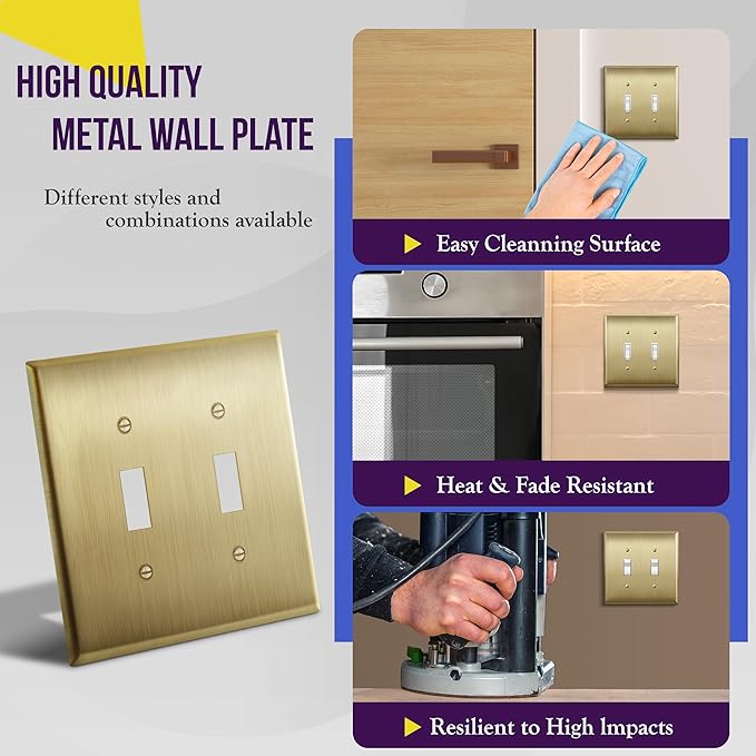 ENERLITES Toggle Light Switch Metal Wall Plate, Stainless Steel 201, Corrosion Resistant, Size 2-Gang 4.50" x 4.57", 7712-BB, Brushed Brass, Gold