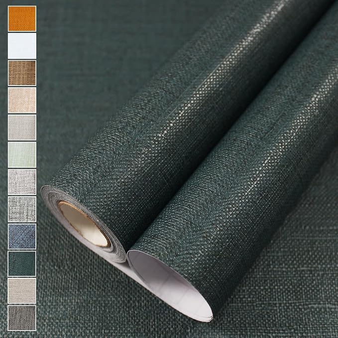 WADILE Grasscloth Peel and Stick Wallpaper 23.6in x 236in, Textured Contact Paper for Cabinets, Faux Linen Wall Paper Pull and Stick, Fabric Vinyl Wallpaper Self Adhesive Blackish Green | Textured contact paper, Faux linen, Vinyl material, Cabinets, Se...